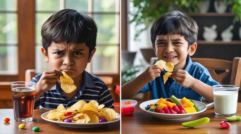South Asian child eating junk food on one side and healthy food on the other, showing the impact of diet on mood and behavior