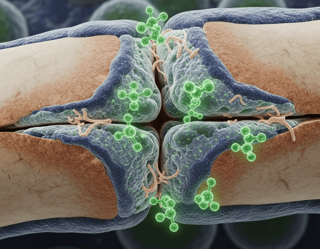 Microscopic view of CBD molecules (glowing green) interacting with bone tissue at a fracture site, showing cellular repair.