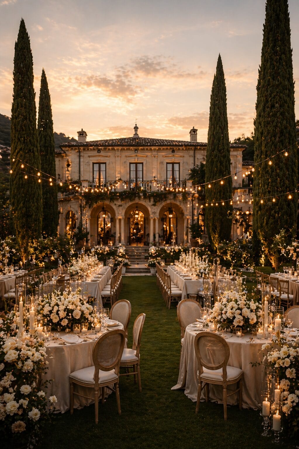 Luxury villa wedding reception in Mallorca with elegant outdoor dinner setup