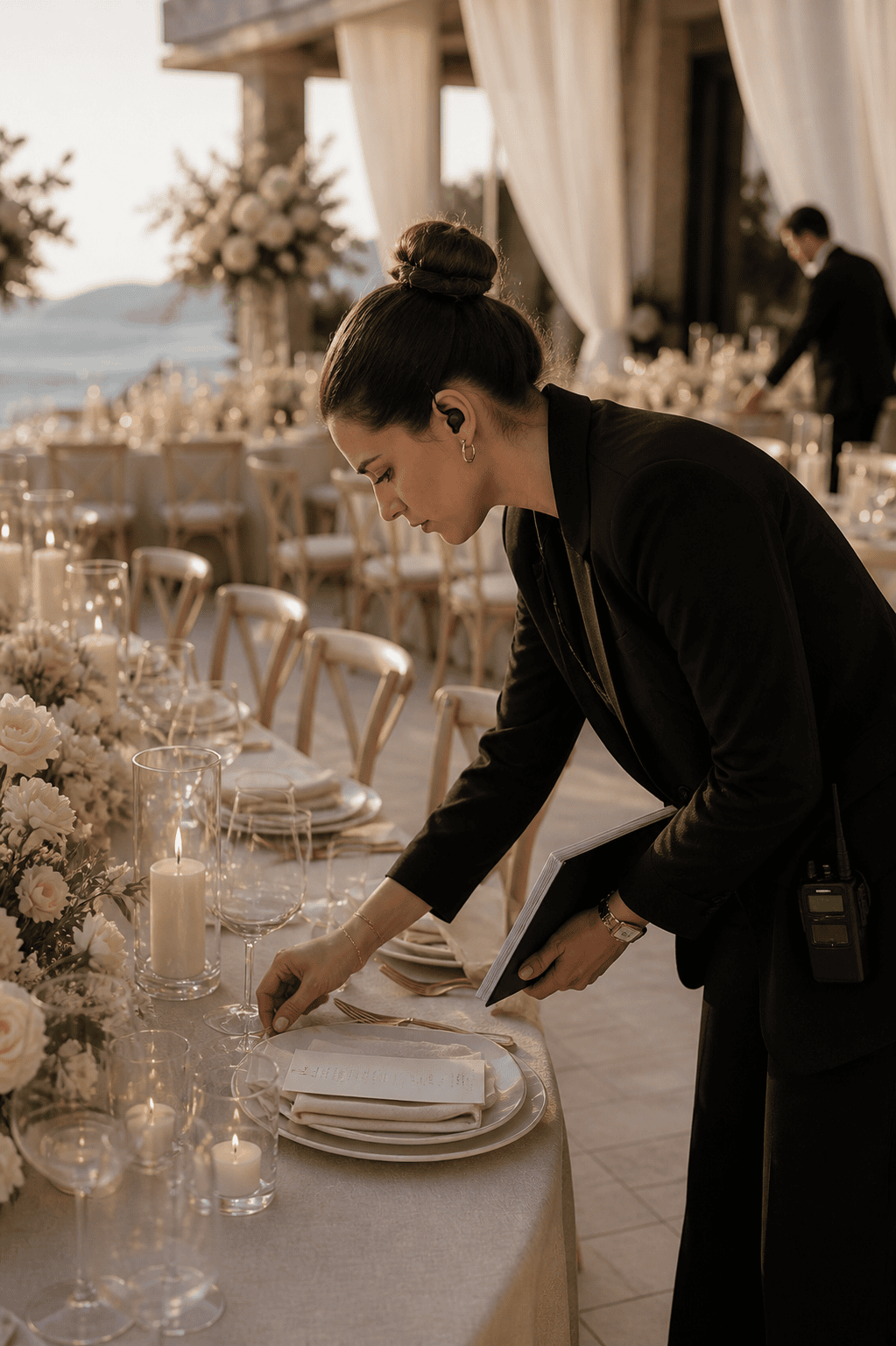 Wedding planner preparing elegant luxury wedding table setup in Mallorca