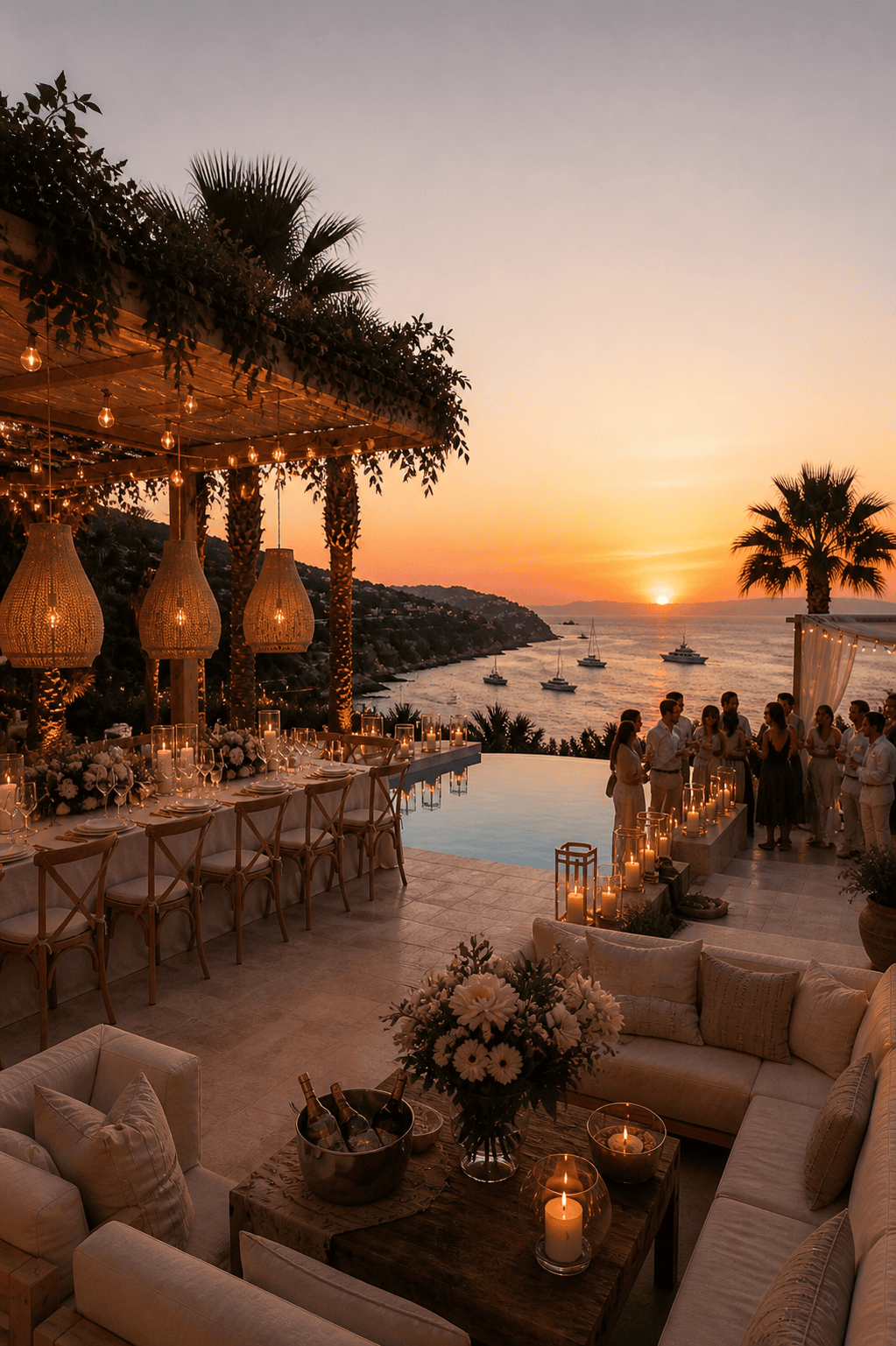 Luxury wedding reception in Mallorca overlooking the sea at sunset