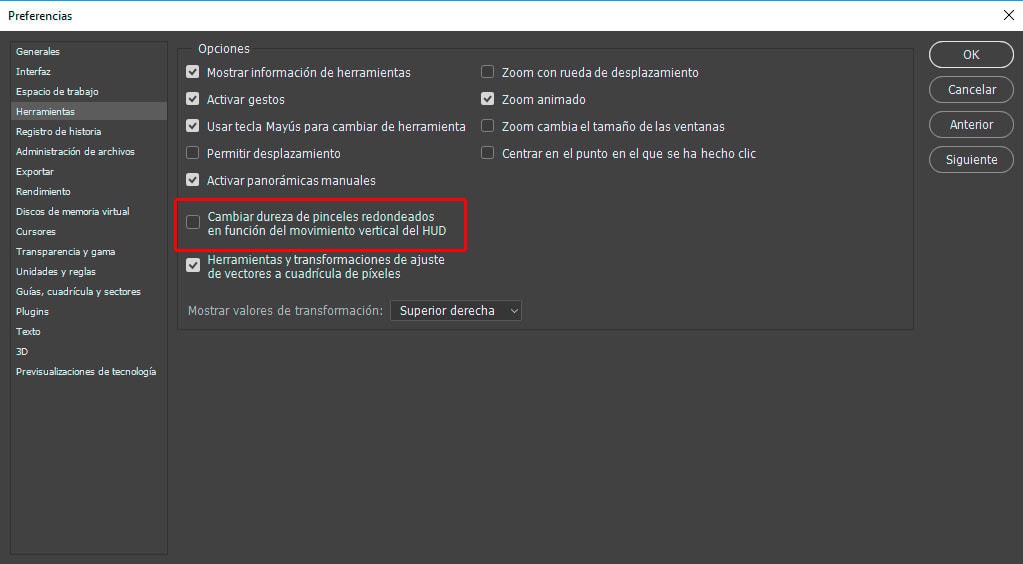 Cambiar preferencias de photoshop