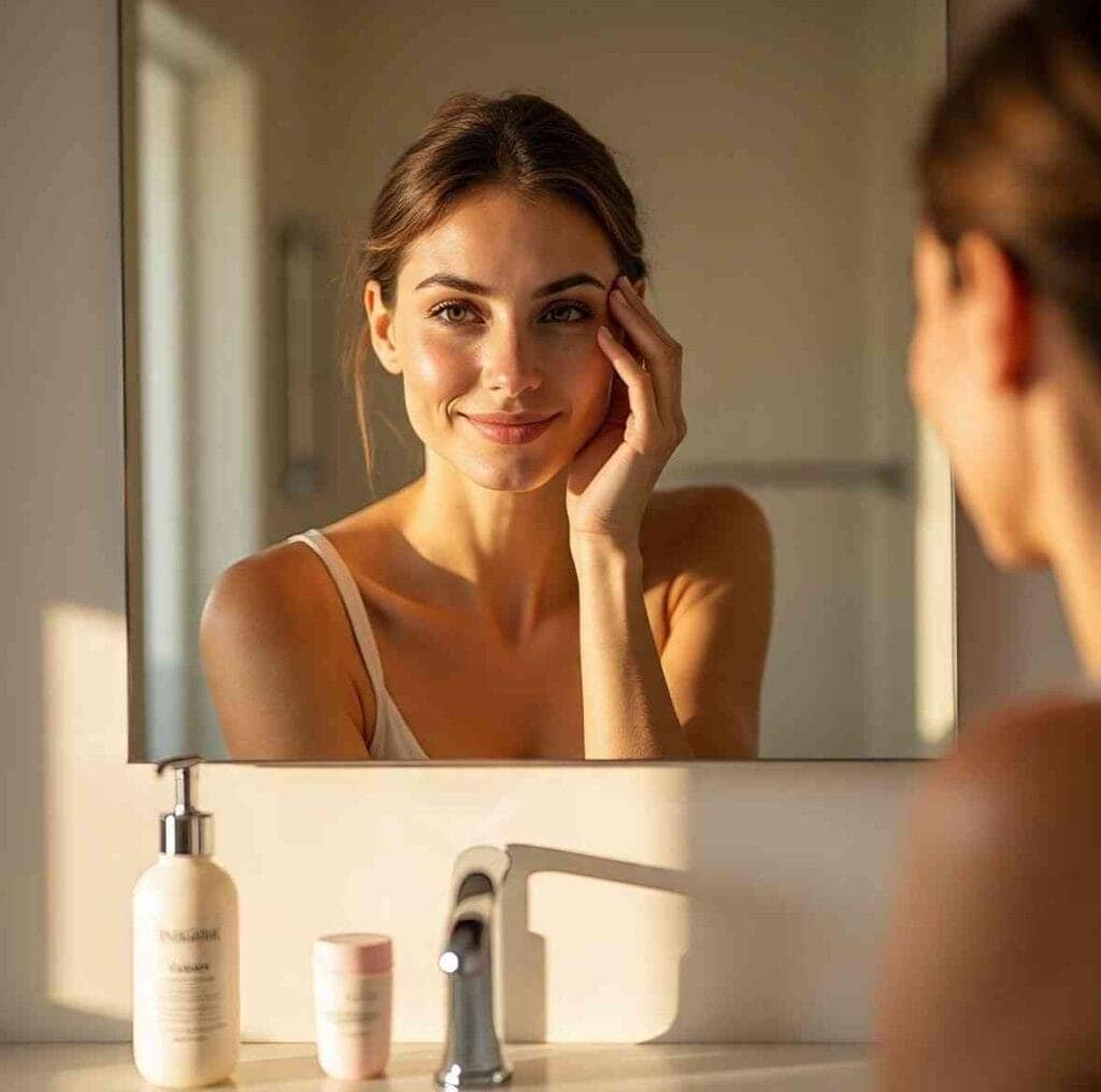 Woman practicing skin fasting with a minimalist skincare routine — clear skin, natural light