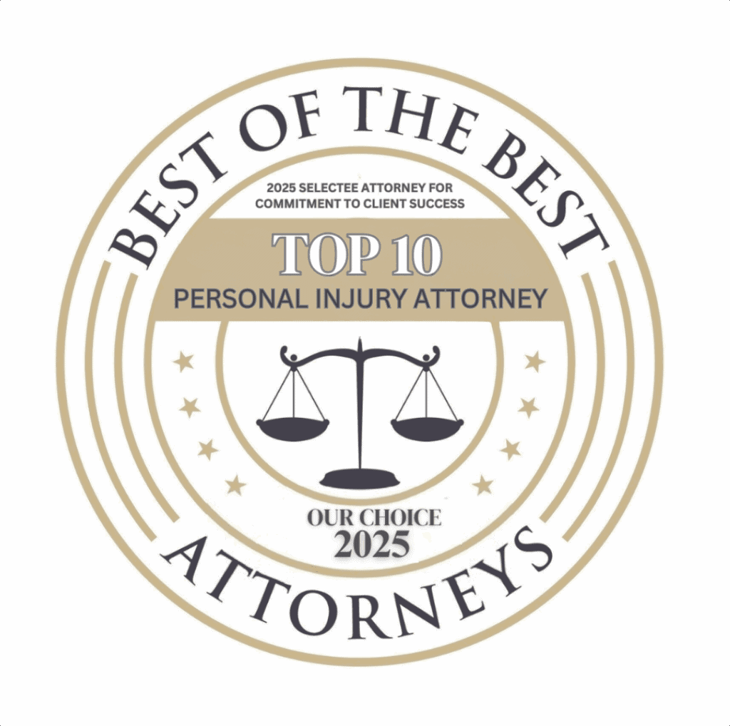 Best of the Best Attorneys 2025 – Top 10 Personal Injury Attorney award badge received by Adam Miller of The Miller Law Firm – The Texas Bulldog in Houston, Texas.