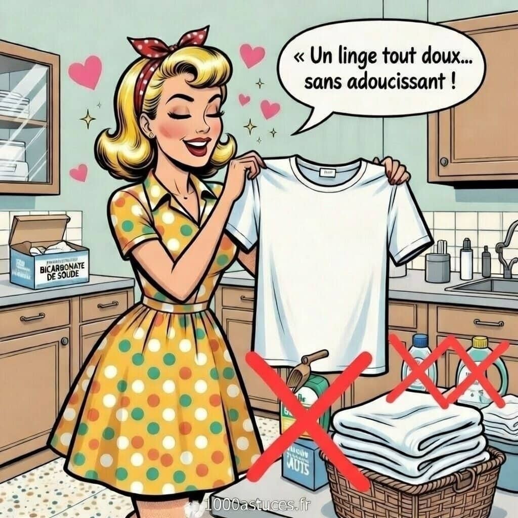 Femme rétro en robe à pois tenant un t-shirt blanc tout doux, bicarbonate utilisé comme adoucissant naturel, produits industriels barrés, astuce linge sans adoucissant
