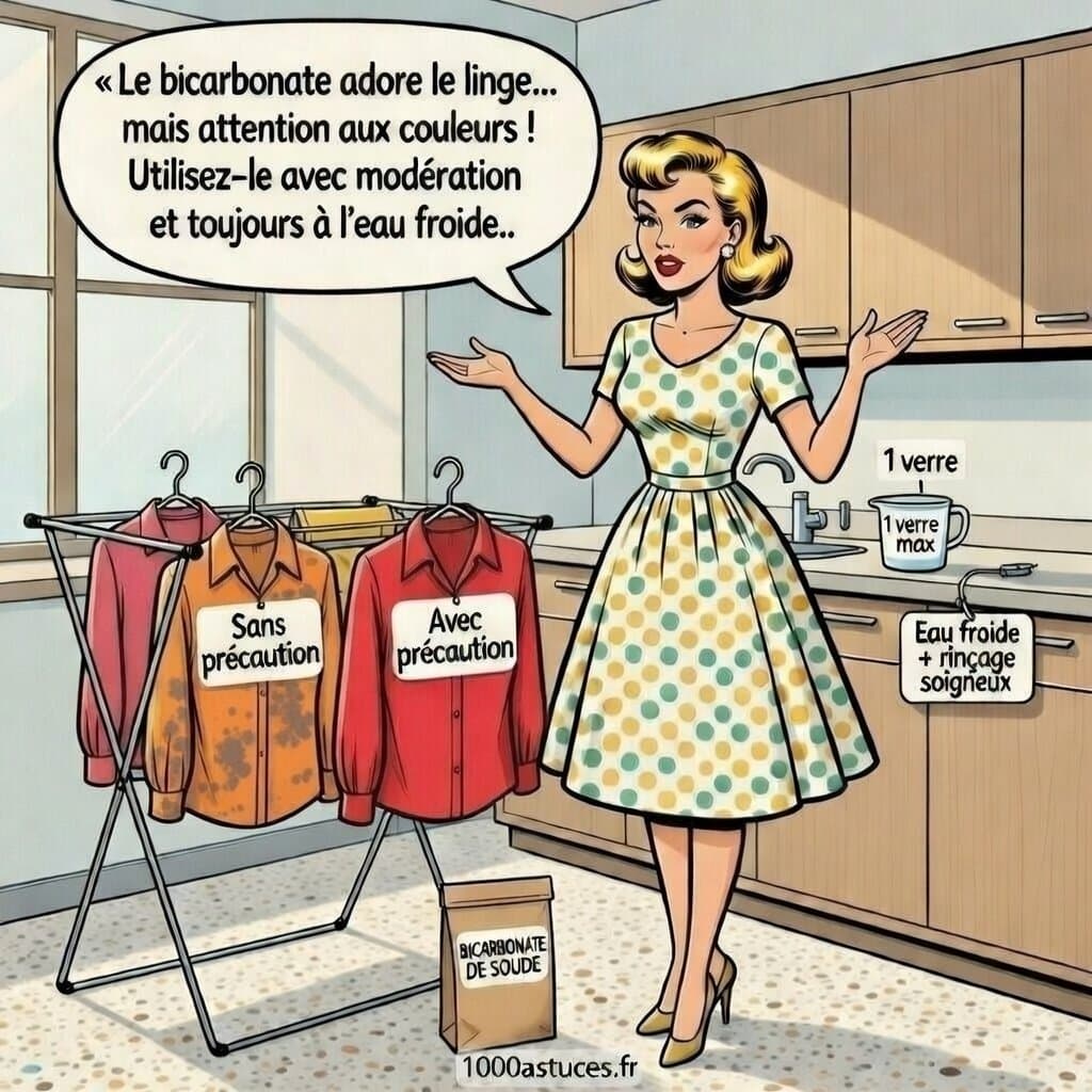 Femme rétro en robe à pois montrant deux t-shirts : un décoloré sans précaution, un éclatant avec bicarbonate, astuce pour linge coloré sans risque