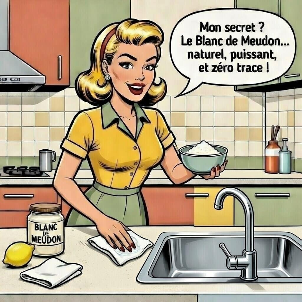 Illustration rétro d’une femme souriante dans une cuisine, tenant un bol de poudre blanche et nettoyant un plan de travail. À côté d’elle se trouvent un pot de Blanc de Meudon, un citron et un chiffon. Une bulle de dialogue indique qu’elle vante les qualités naturelles et efficaces du produit.