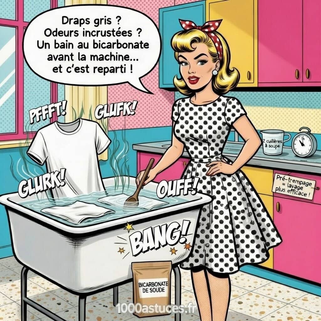 Femme rétro en cuisine préparant un bain de pré‑trempage au bicarbonate pour linge blanc, astuce contre saleté et odeurs incrustées