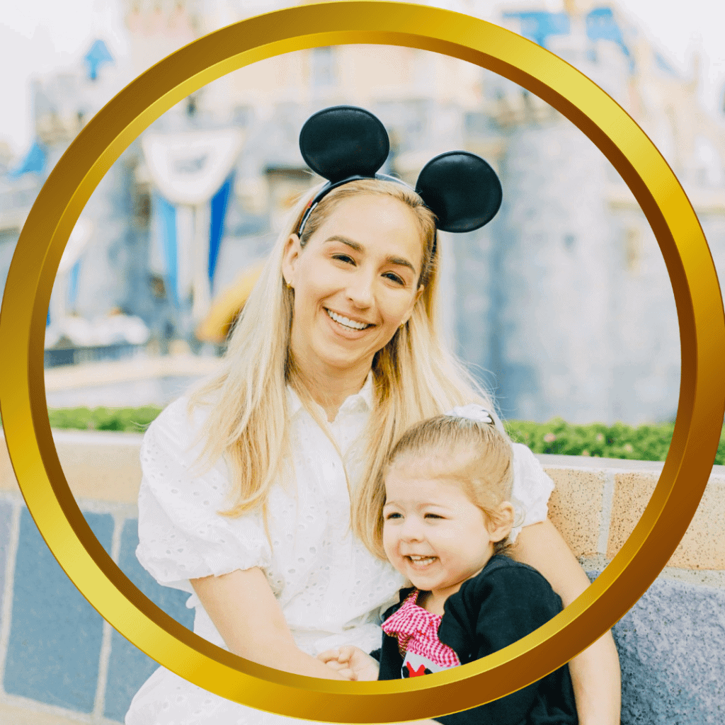 Happy mother and daughter enjoying Disney theme park ride, Disney castle in background, celebrating family vacation, Disney magic atmosphere.