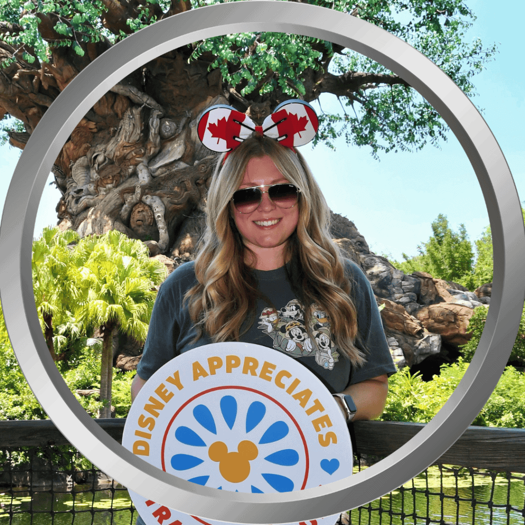 Enjoying a fun day at Disney's Animal Kingdom with themed accessories and a cheerful smile.