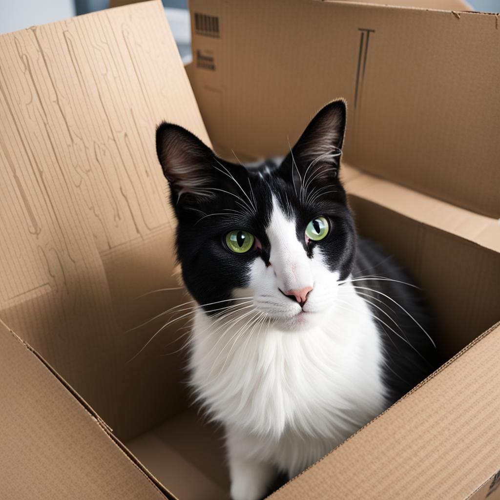 A black and white cat sits in a box. The image is very realistic.