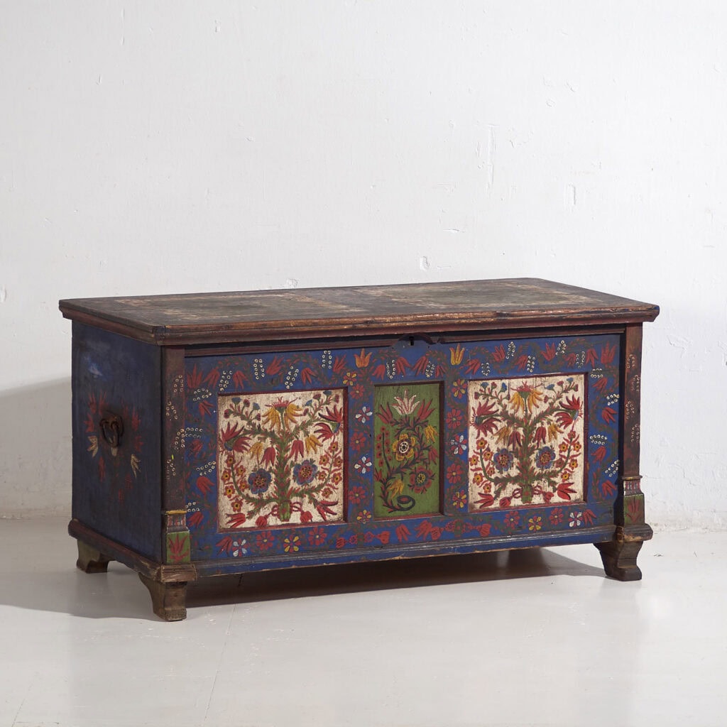 Antique blue trunk with hand painted floral details (c.1870) #2