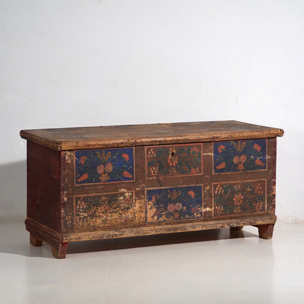 Antique wooden chest with blue floral panels (Year 1905) #99