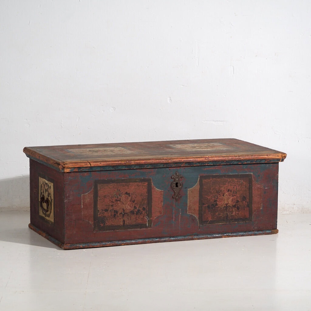 Antique red trunk with floral decoration (c.1920) #106