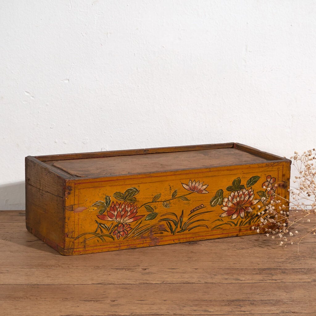 Antique Asian ochre colored box with painted lotus flowers (c.1900) #1