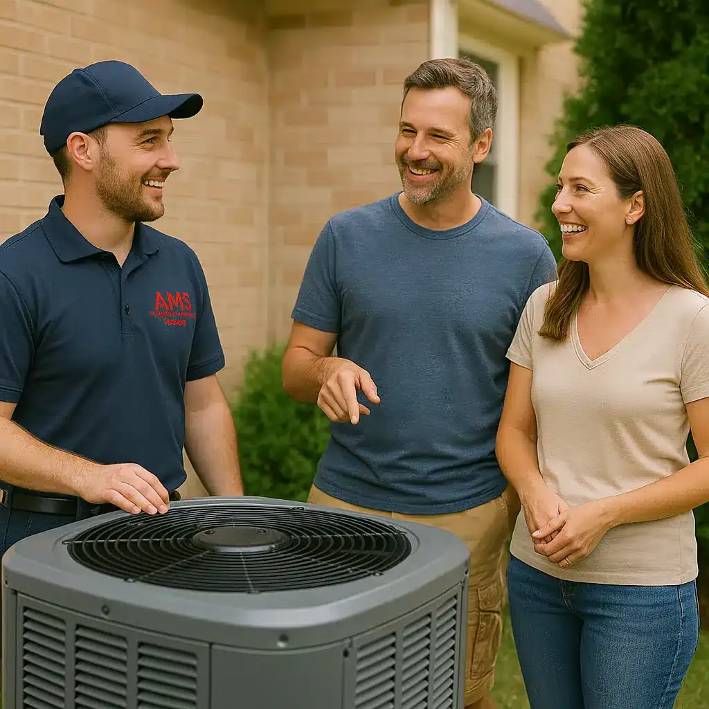 Ams technician with clients outdoor ac