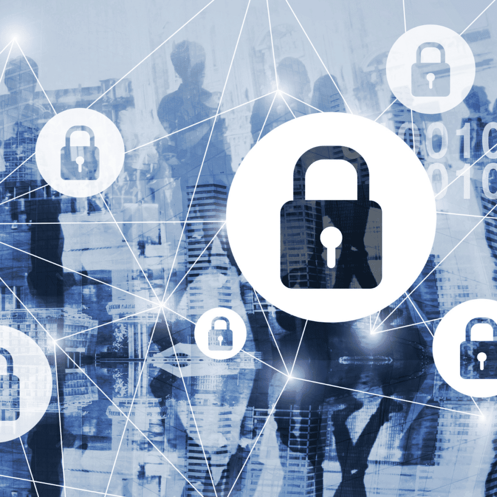 A grid connected by white circled with padlocks in them. In the blue background are shadows of people and buildings.