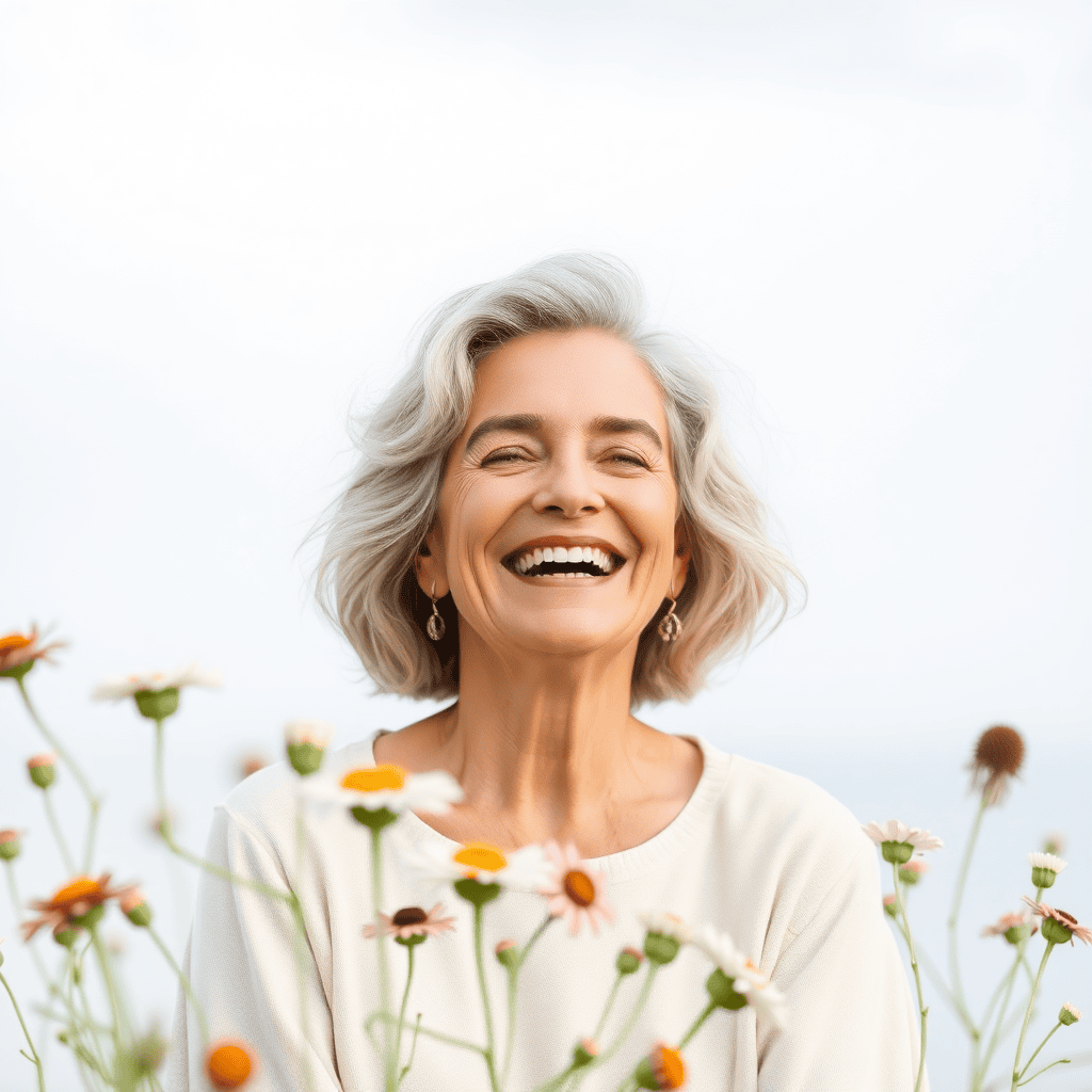 Women over 40 enjoying joyful moments, including sipping coffee, walking in nature, and sharing laughter with friends, symbolizing happiness and connection.
