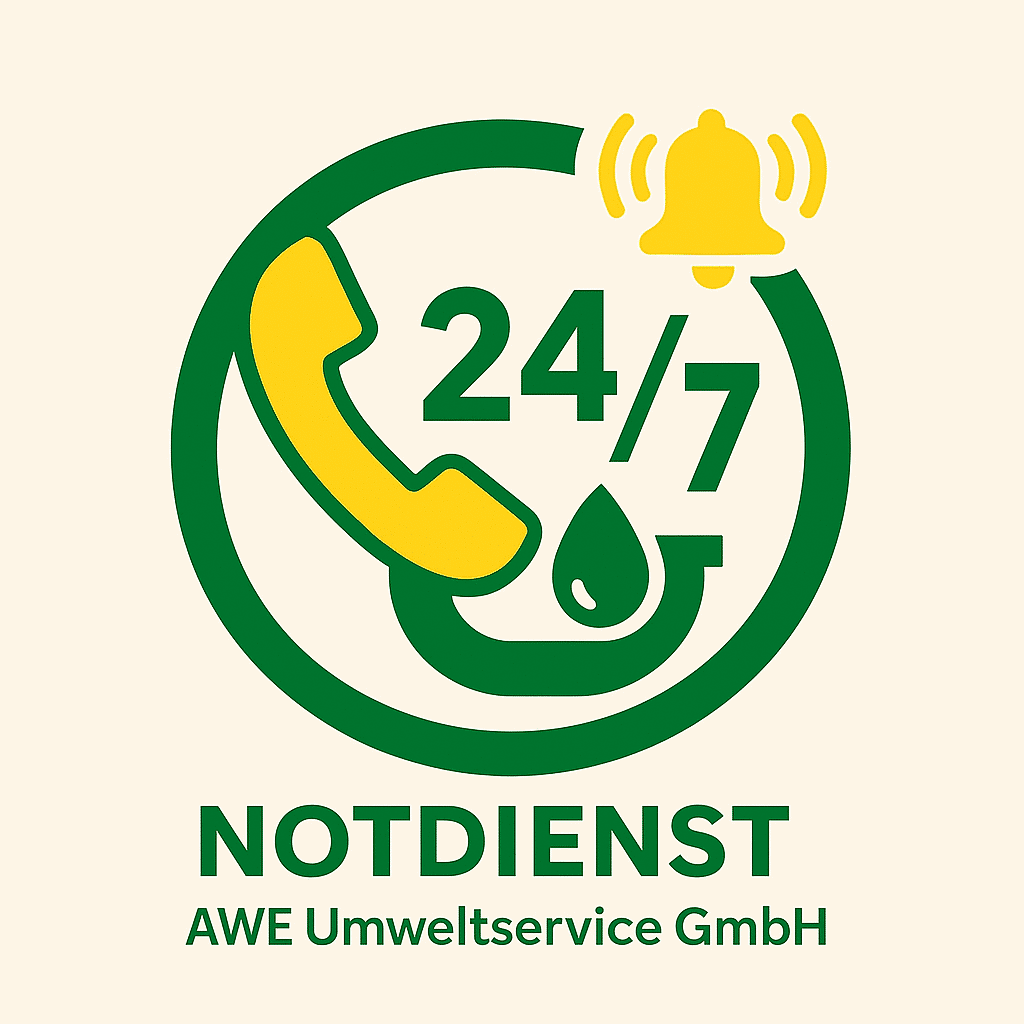 „Grün-gelbes Symbolbild für 24/7 Notdienst der AWE Umweltservice GmbH mit Telefonhörer, Wasserrohr, Tropfen und Alarmglocke – moderne Grafik im Firmenstil“