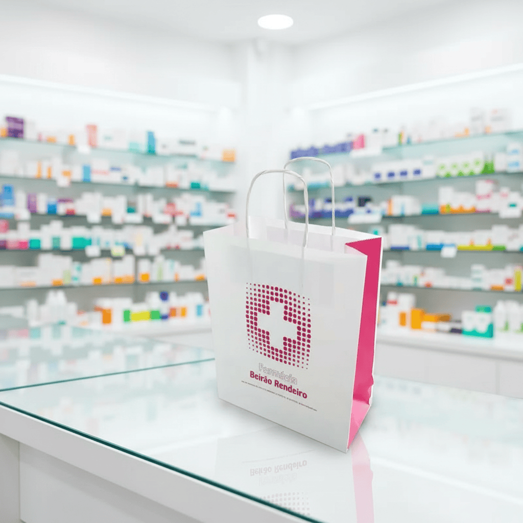 A pharmacy shopping bag with a pink cross logo and pharmacy store branding placed in a modern clean pharmacy store environment