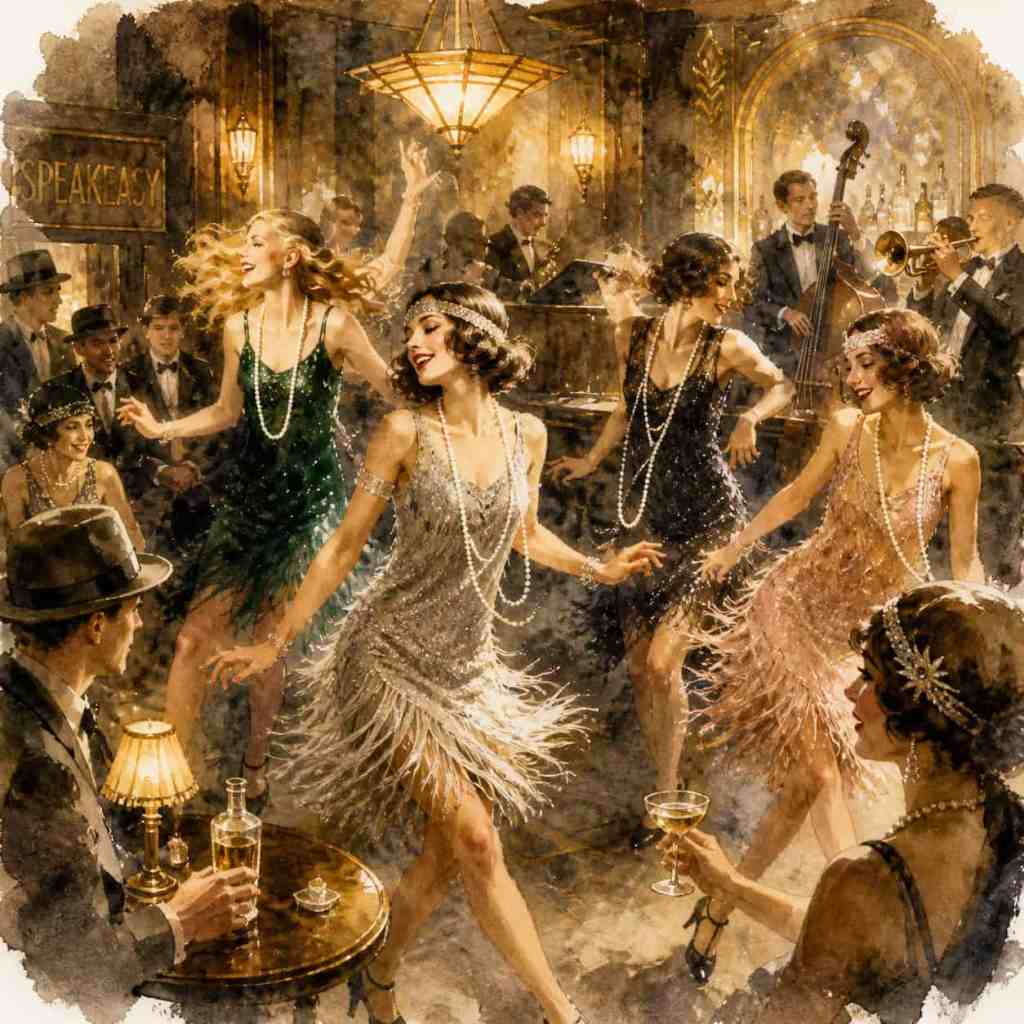 Barevná ilustrace tří tanečnic v období 20. let 20. století v speakeasy klubu, oblečených v třásňových šatech a s perlami.