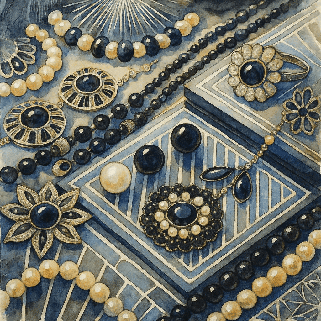 Akvarel art deco šperků v černobílé kombinaci s perlami a geometrickým vzorem – náhrdelníky, brože a náušnice ve flapper stylu 20. let.