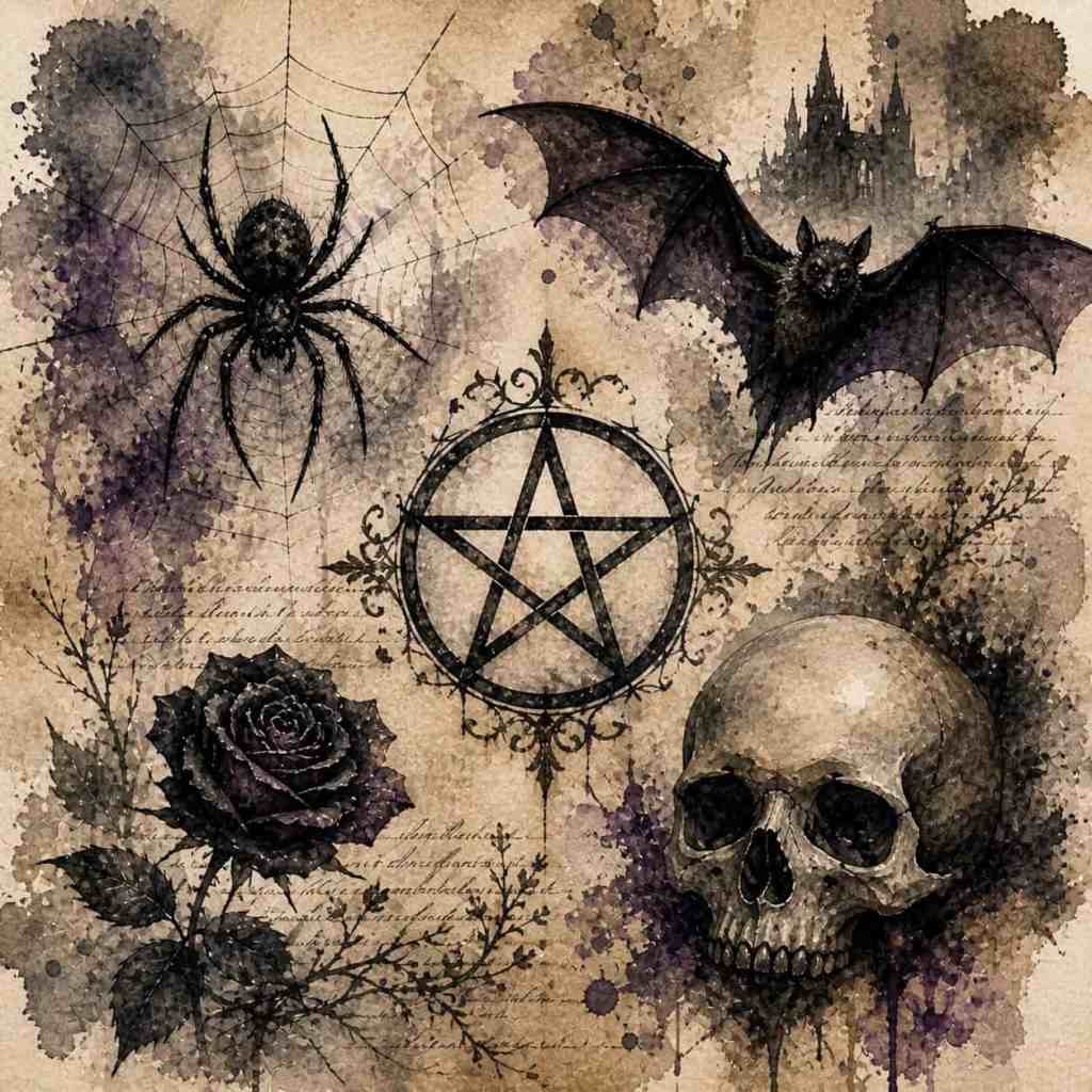 Ilustrace s tematikou mystiky a hororu, zahrnující pavučinu se škrtičem, netopýra, lebku, růži a pentagram na pozadí s jemnými skvrnami v různých odstínech fialové a hnědé.