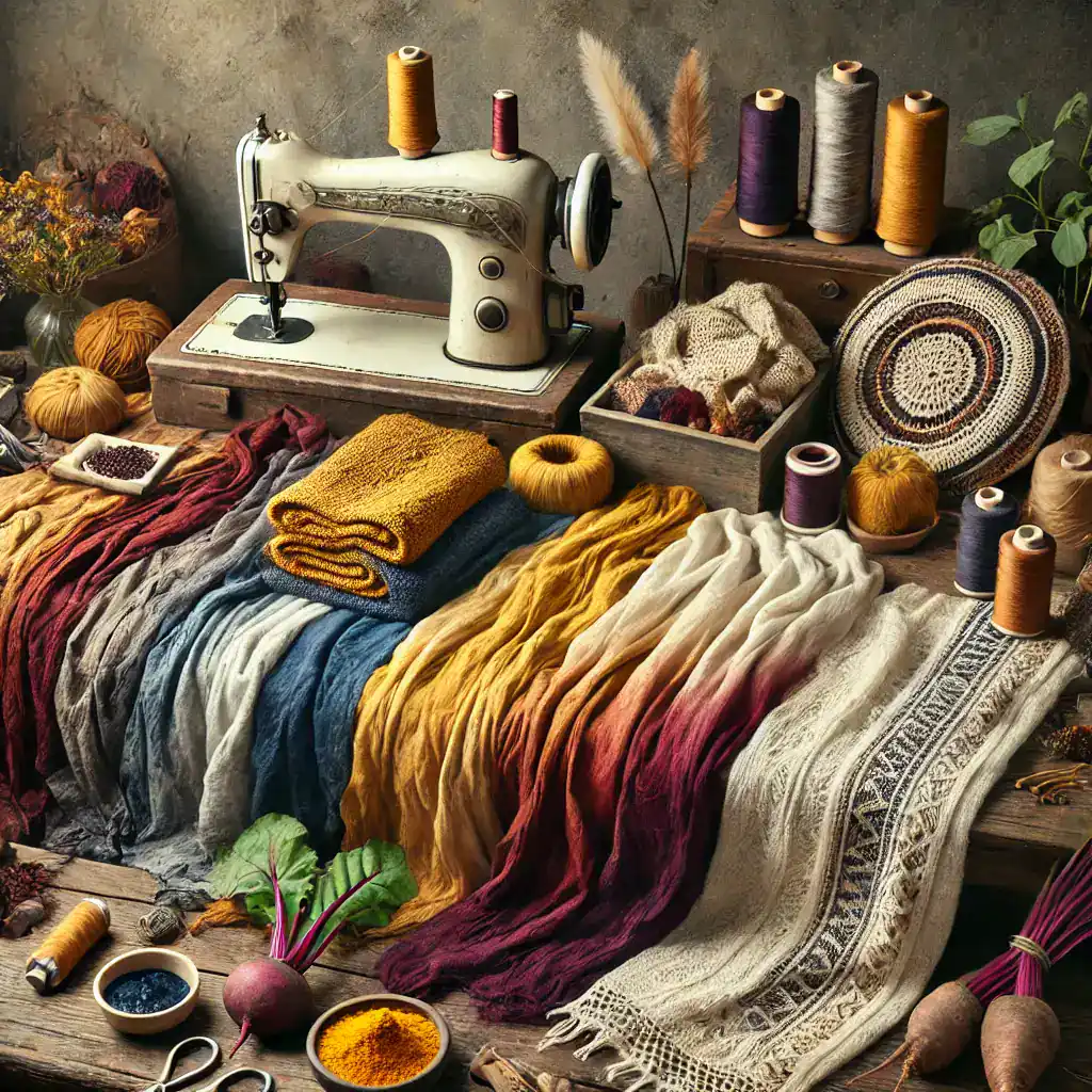 Barevné navlékací látky a příze se starou šicím strojem na vintage pozadí, ideální pro výrobu šperků a textilních doplňků, image z dělny s handmade řemesly, inspirační místo pro tvoření a kreativitu, Bead Culture.