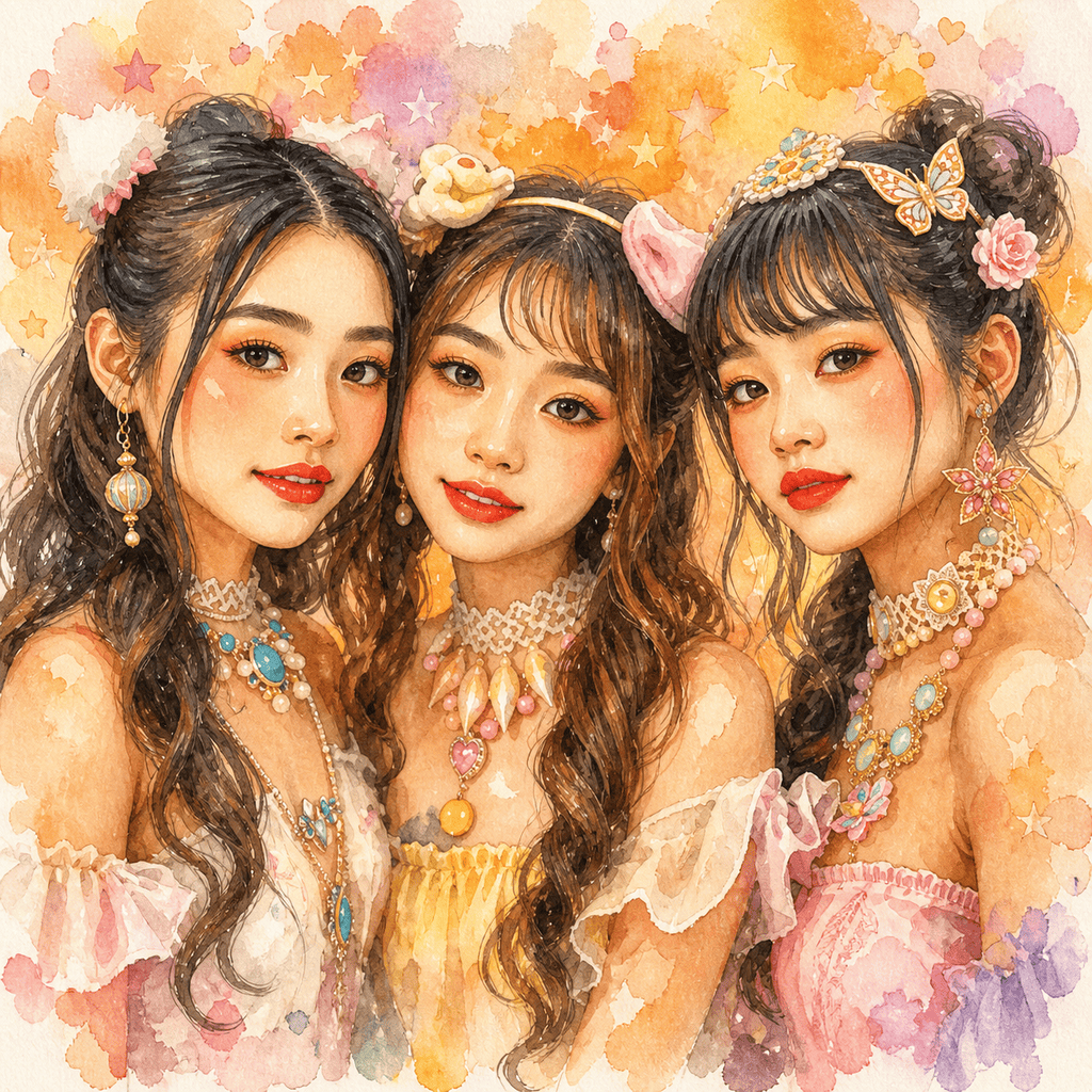 fairy-kei-portret-tri-divky-pastelove-sperky-akvarel