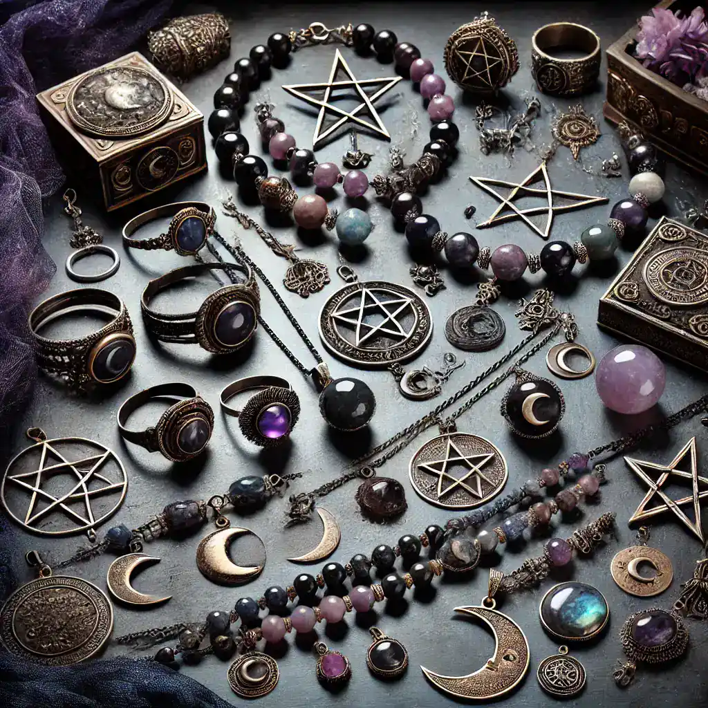 Fialka beaded náhrdelníky, prsteny, náramky a amulety s mystickými motivy měsíce, hvězd a lunárních symbolů na šedém povrchu, připravené pro tvorbu a aromaterapii.