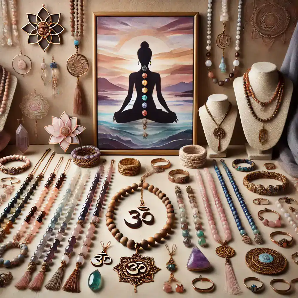 Sběr krásného indického šperku, náramků a náhrdelníků s meditací a jógu, s obrazem meditující ženy a posvátných symbolů, ideální pro milovníky korálků a duchovní výroby.