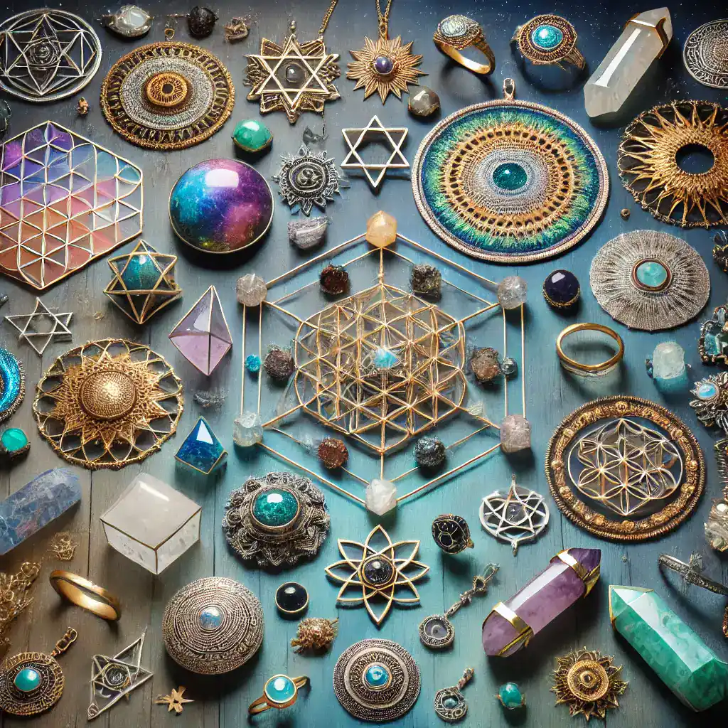 Barevné šperky a amulety na mřížce, ukázka originálních designů z korálků a kovu, skládající se do geometrických tvarů, zdobené drahokamy a minerály, symboly energie a spirituality, ideální pro tvorbu šperků a talismanů, vhodné pro šperkařství a bytovou dekoraci.
