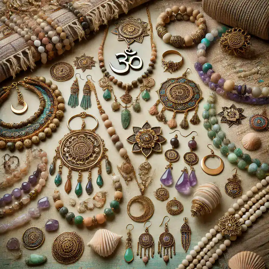 Závěsné náušnice, náhrdelníky a náramky z barevných korálků a kovových prvků, inspirované etnickým a boho stylem, ideální pro ty, kteří milují originální šperky a ruční výrobu.