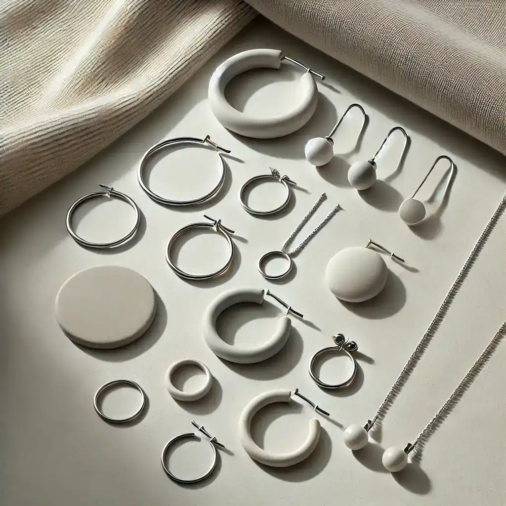 Elegantní šperky z bílého a stříbrného materiálu, různé náušnice, náramky a řetízky pro moderní a minimalistický styl, ideální pro tvorbu vlastních šperků nebo stylové doplňky.