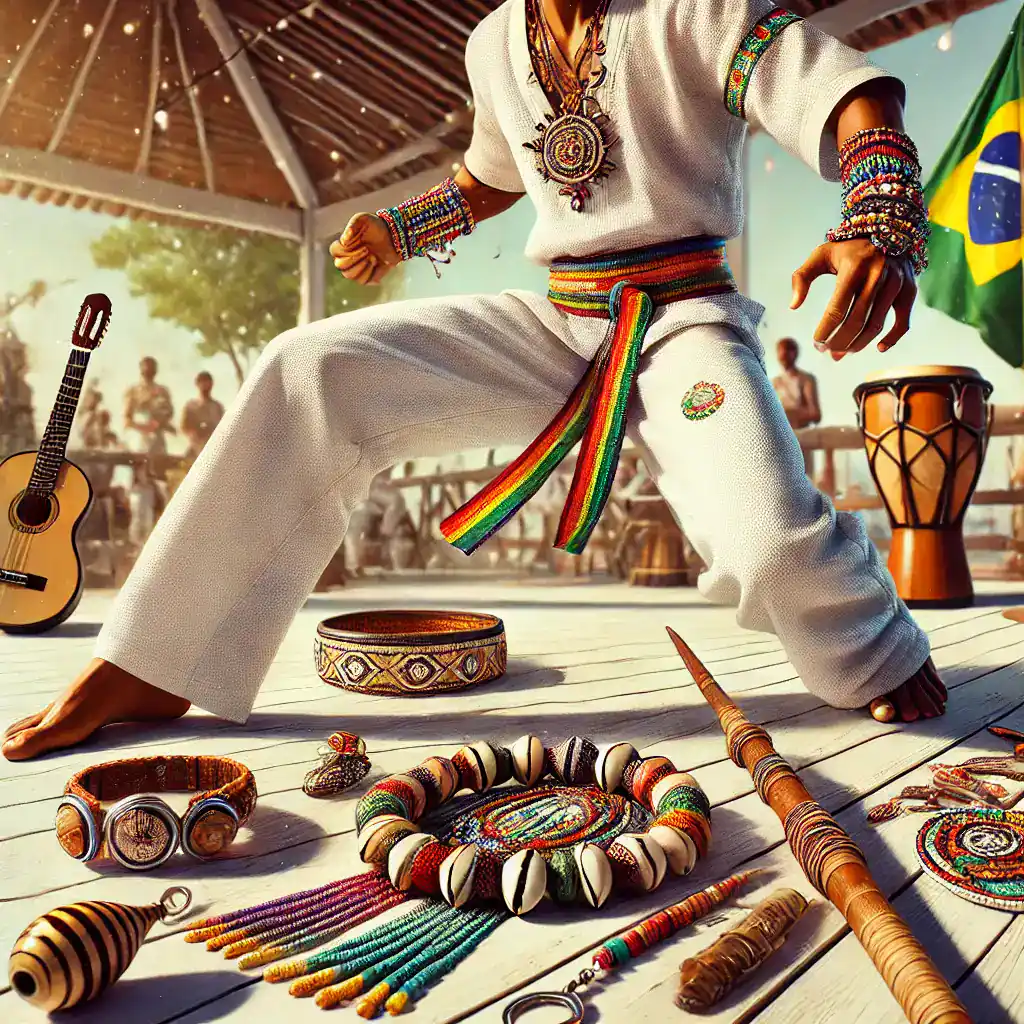 Barefoot performer s tradičními brazilskými šperky a ozdobami, místní hudební nástroje, brazilská vlajka, kulturní festival, ručně vyráběné brazilské šperky a řemeslné produkty, brazilská kultura, umění a řemesla, tradiční brazilské vybavení, etnické šperky a doplňky, umělecké řemeslo v Brazílii.