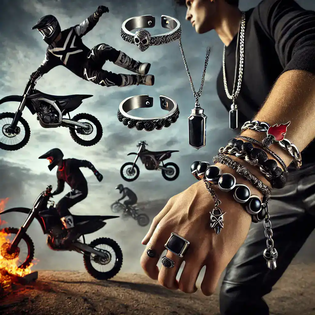 Motocykloví jezdci s motorkami v akci, záměrně dramatičtí a v dynamickém prostředí s oblečením a vybavením pro extrémní jízdy, s výrazným přídavkem šperků a doplňků z kolekce Bead Culture.