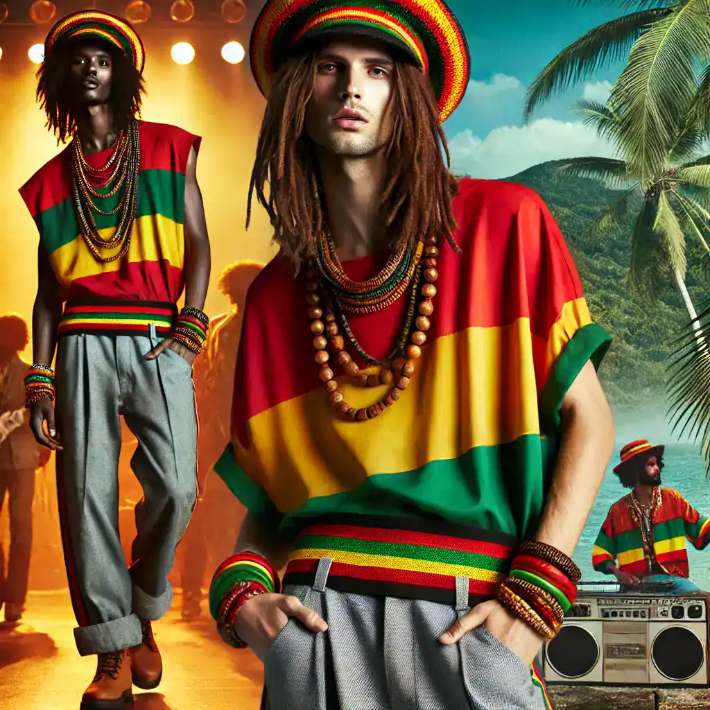 Barevné africké šaty a šperky, reggae atmosféra s palmami a hudbou, módní modelové s tradičními prvky, Bead Culture, stylové oblečení a doplňky pro moderní vášeň k africké kultuře a umění.