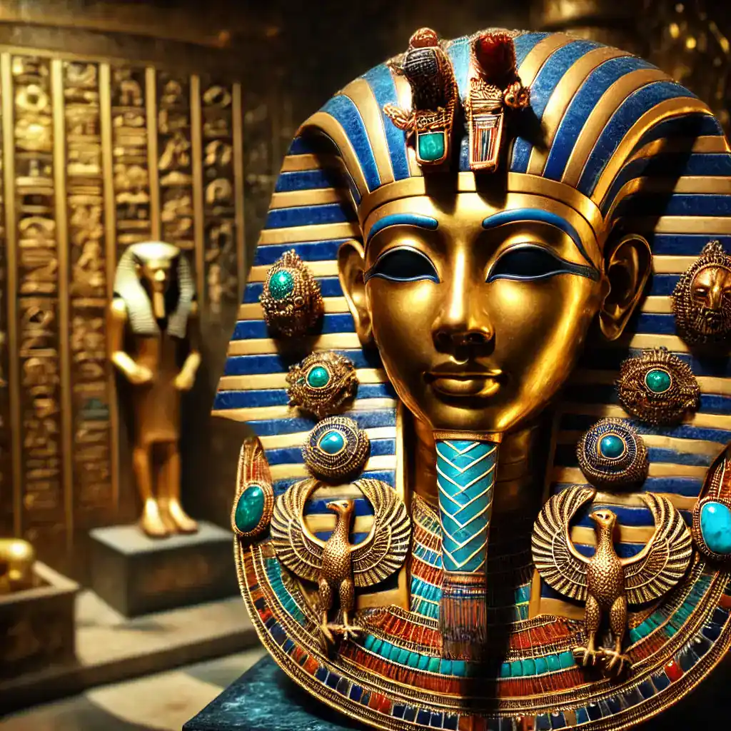 Zlatý a modrý egyptský maska faraona s šperky a ornamenty, tradiční egyptské umění a metalurgie, detaily šperků a vzory, historie starověkého Egypta, legendární kulturní dědictví Bead Culture, výstavní exponát muzeum, ruční práce starověké civilizace.