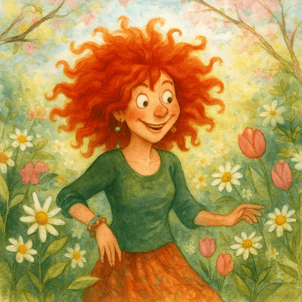 Akvarelová ilustrace Lola Tralala, jaro, květiny, BeadCulture. Veselá zrzavá postava Lola Tralala stojí mezi rozkvetlými tulipány a sedmikráskami v jarní zahradě – symbol radosti, tvořivosti a velikonoční energie.
