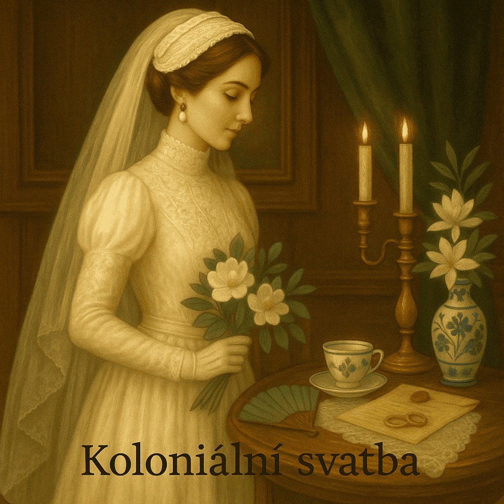 Stříbrná nevěsta s květinami v ruce a svatební věnec na hlavě, romantická obřadní scéna s svícemi a kávou, vintage styl, tradiční svatební oblečení, jemné barvy, ženská postava, zajímavá svatební tematika.