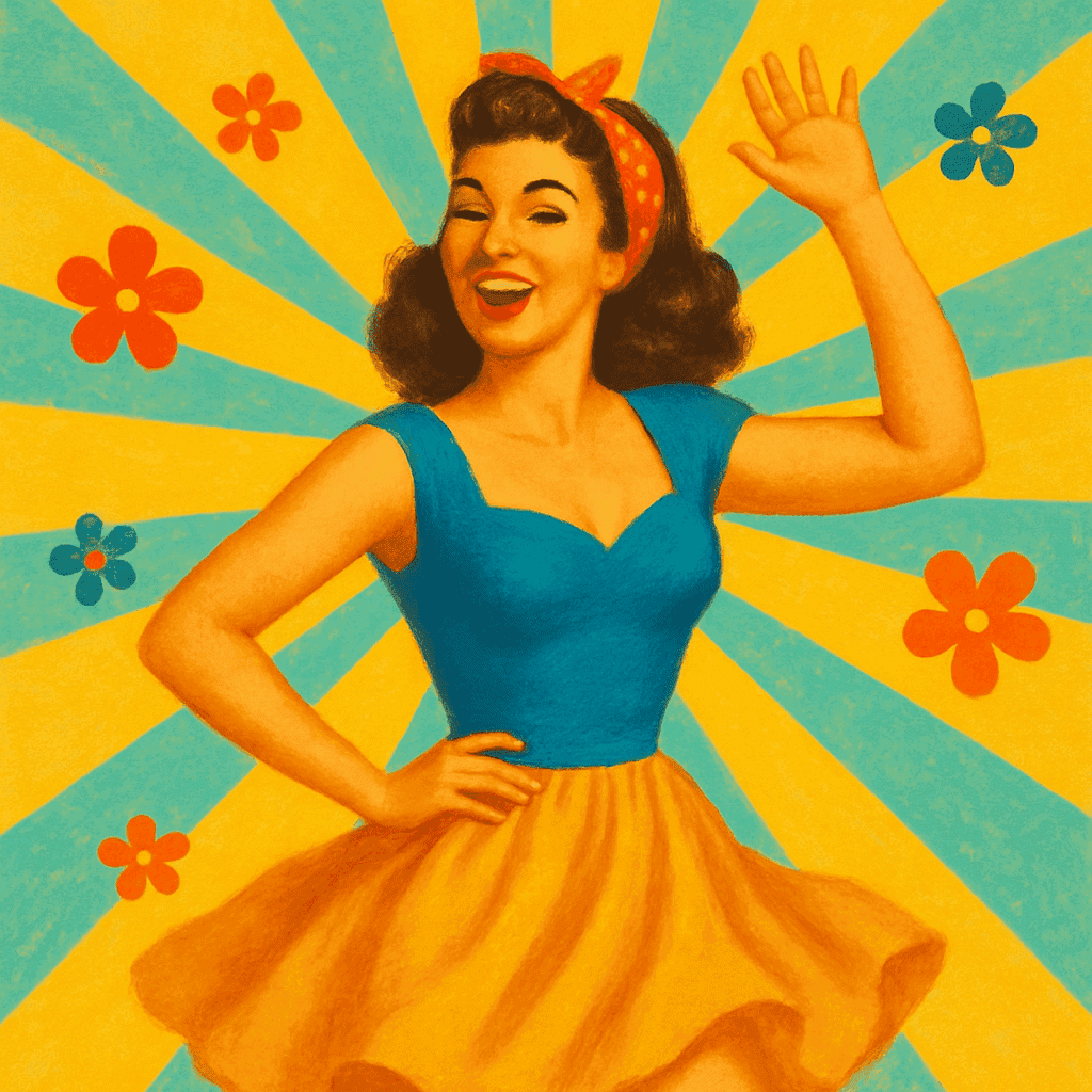 Modern vintage-style pin-up poster, square format.