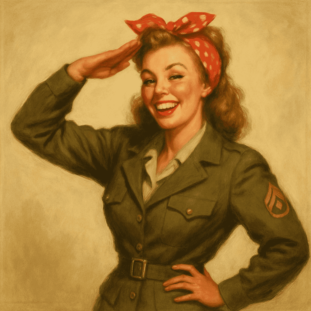 Smiling pin-up girl in uniform with headscarf — inspired by wartime posters, square oil-painting style.