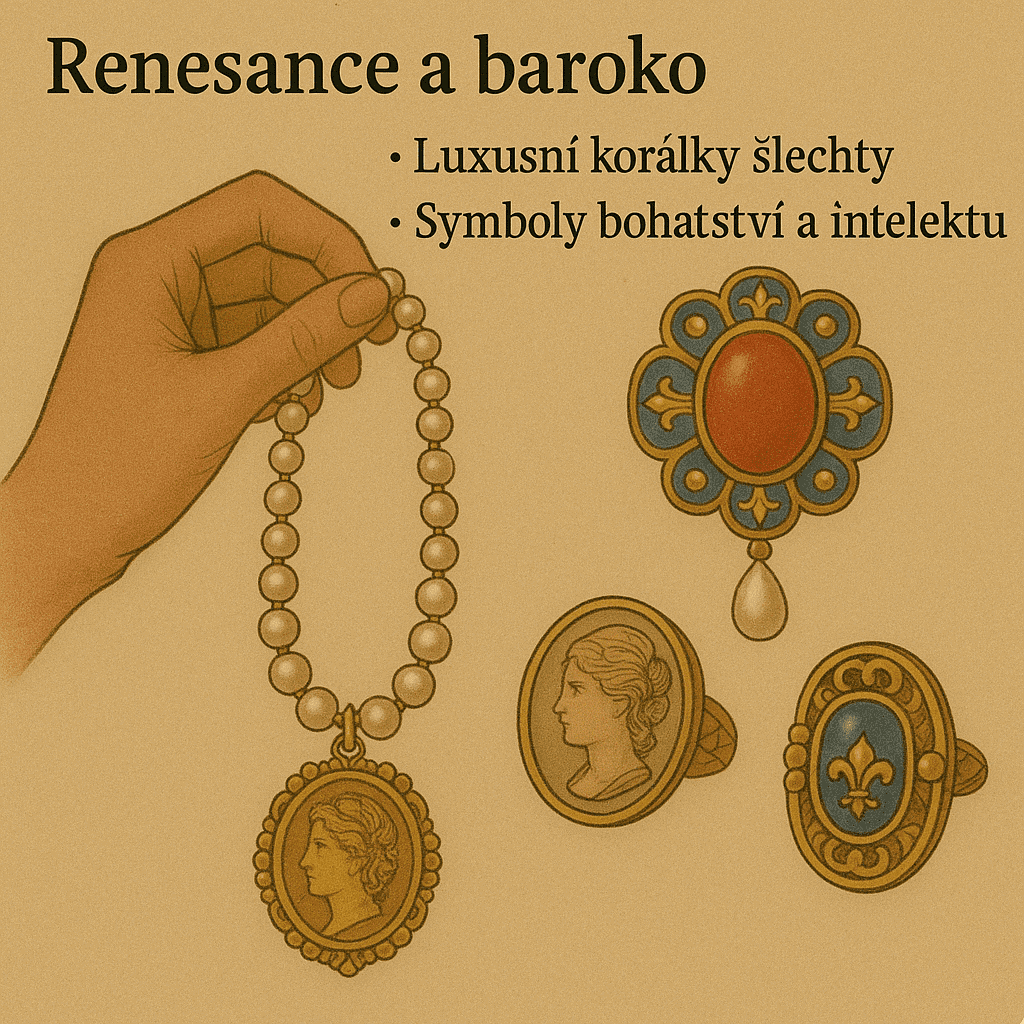 Luxusní perlové šperky ve stylu renesance a baroko, náušnice, náhrdelník a prsteny, noblesní šperky s historickým designem, luxusní dámské šperky, elegantní módní doplňky, šperky s motivy bohatsví a mentality, unikátní šperky Bead Culture.