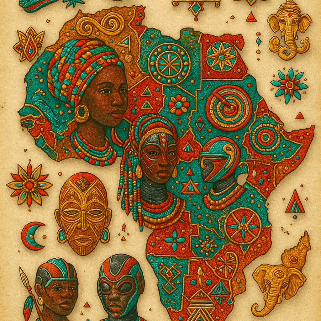 Barevné africké umělecké dílo, západní afrika, ilustrace africké kultury a tradičních masek, barevná umělecká díla, africké ženy s korálky, symboly a motivy africké identity a historie.