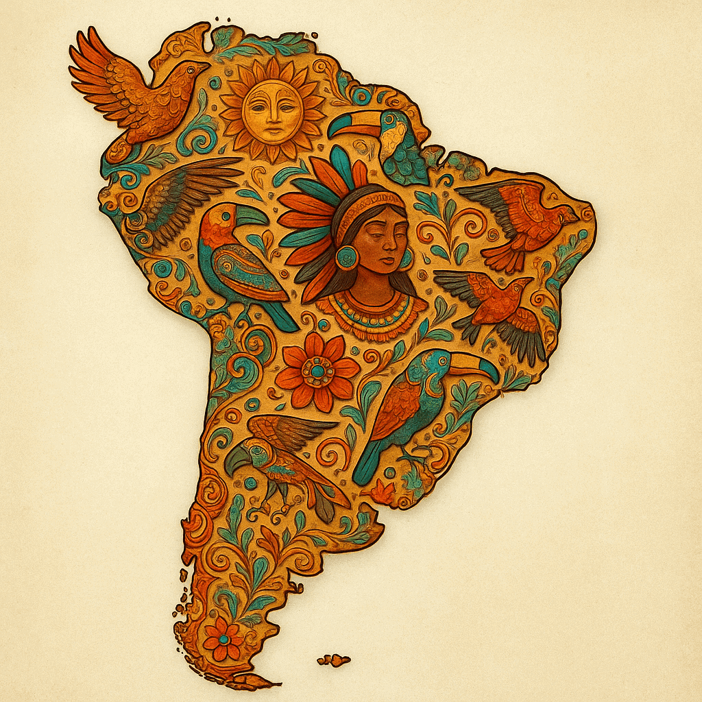Vzorované dřevořezání mapy Jižní Ameriky s indiánskou ženou a papoušky, tradiční mexická a africká kultura, ručně vyřezávané dekorace, etnický umělecký design, etno styl, přírodní motivy, muzeum řemesel, domov dekorace, originální umělecké dílo, etnický umělecký motiv.
