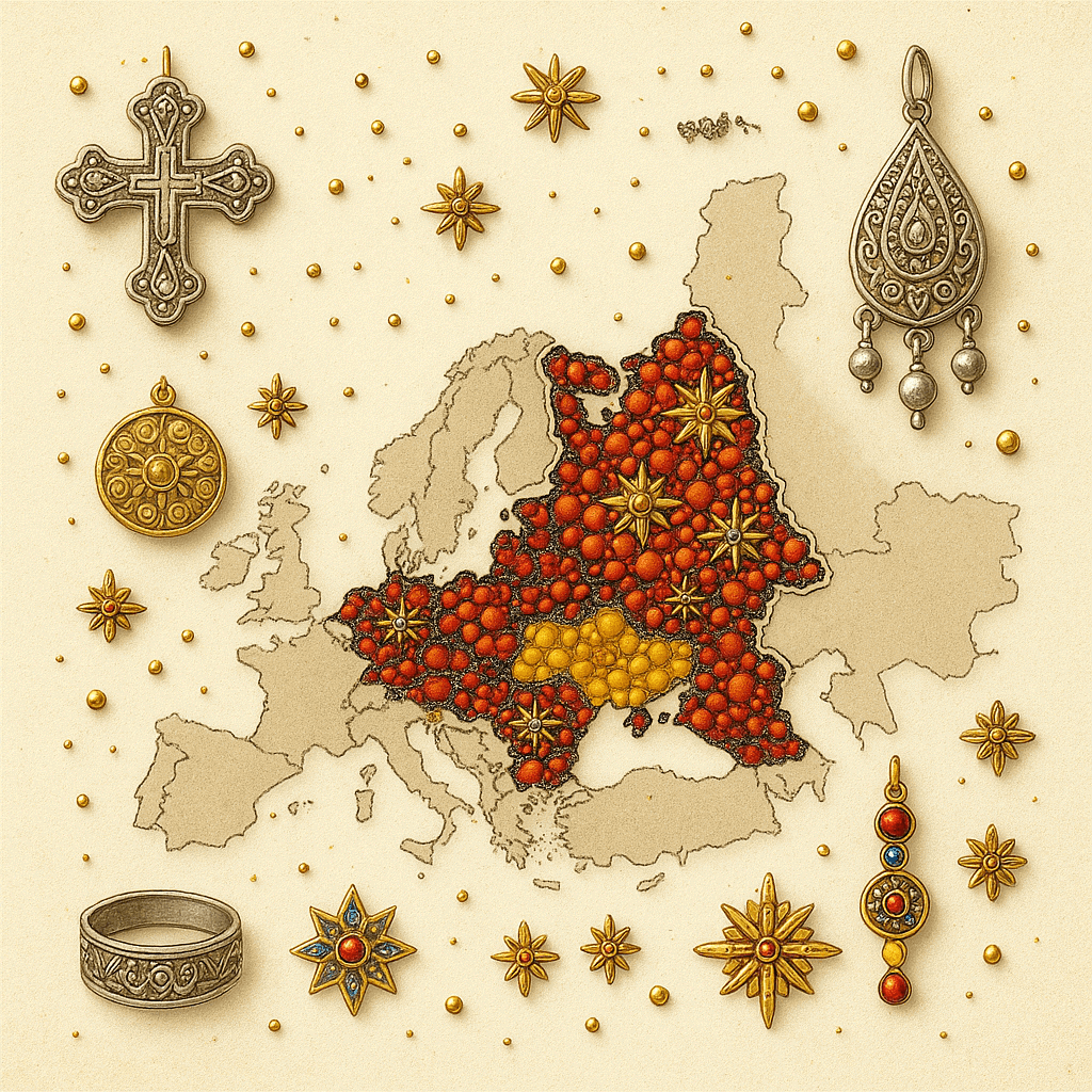 Sada šperků s korálky a mapou Evropy, vintage styl, zlaté a stříbrné doplňky, detailní záběr, ručně vyráběné originální kousky, beading, handmade šperky, řecké a evropské motivy, luxusní design, elegantní doplňky, vysoce kvalitní řemeslo.