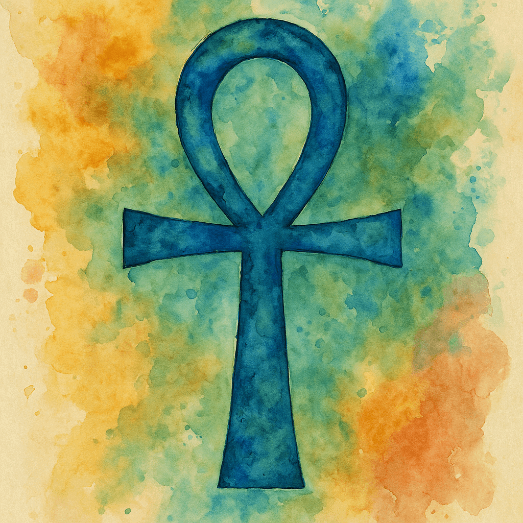 Toto je watercolor ilustrace ankh symbolu, spojeného s egyptskou kulturou a spiritualitou, na pozadí barevných akvarelových skvrn. Ideální pro téma duchovní symboliky, výroby šperků nebo umělecké projekty zaměřené na Egypt.