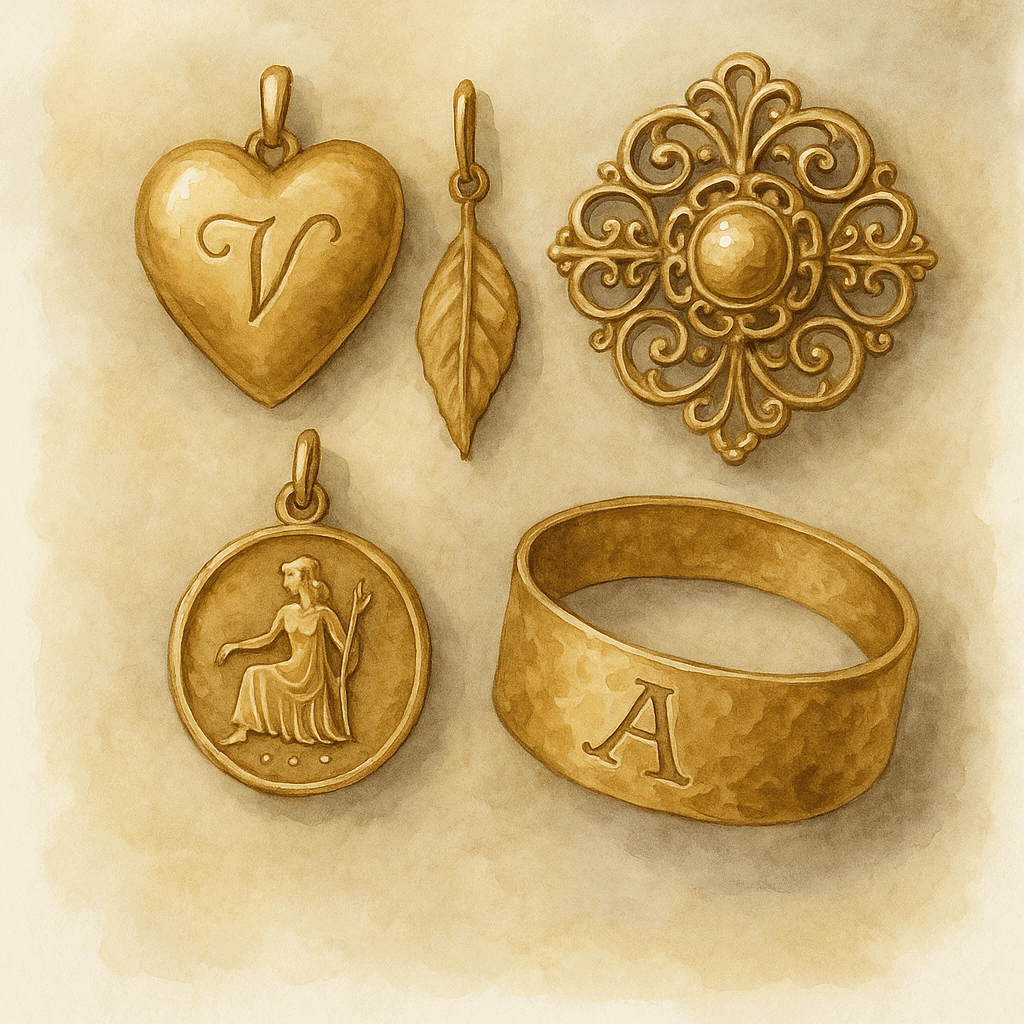 Tendencias de joyería otoño invierno 2025 2026. Ilustración en acuarela de joyas doradas sobre un fondo suave: medallón grabado en forma de corazón con la letra V, colgante en forma de hoja, broche filigrana, colgante zodiacal y anillo martillado con la inicial A.