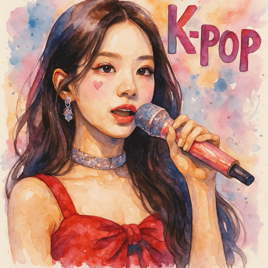 Módní ilustrace zpěvačky K-pop s mikrofonem, výraznými šperky a stylovým oblečením, zdůrazňující vliv K-pop kultury na módu.