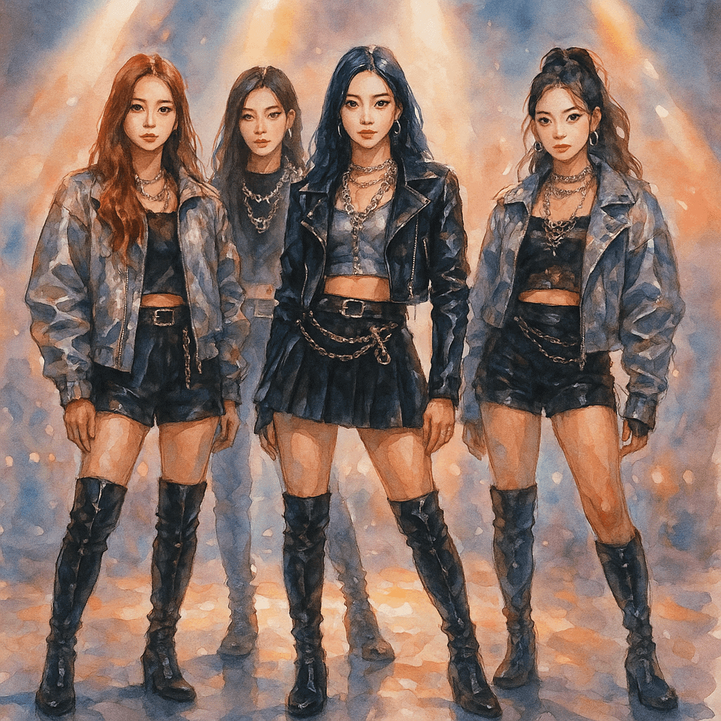 K-pop girl group – akvarelový portrét čtyř zpěvaček v černých outfitech s koženými bundami a vysokými botami, inspirovaný módou luxusních značek a pódiovým stylem